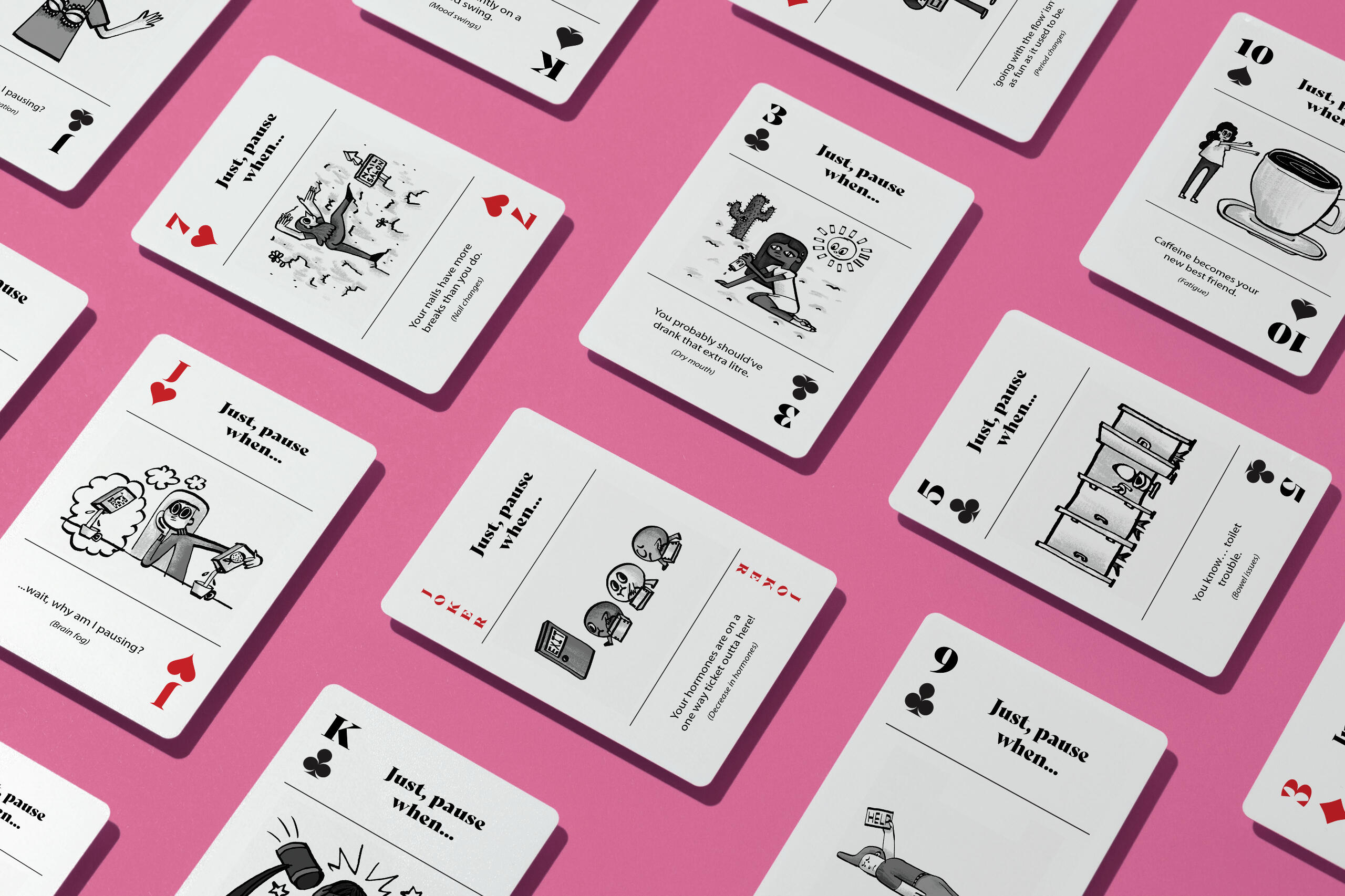 Illustrations for 'Just, Pause' - a wellness brand providing accessible educational and preparatory resources for pre-peri and perimenopausal individuals.